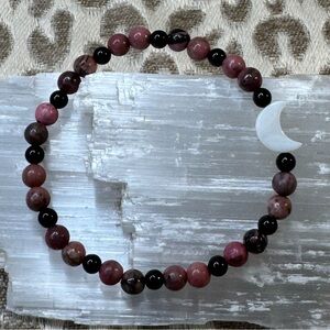 Black Line Rhodonite & Black Obsidian Moon Crystal Gemstone Stretch Bracelet
